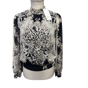 Ember Black White Blouse Feminine Tie Waist Long Sleeve Women's Large New Animal